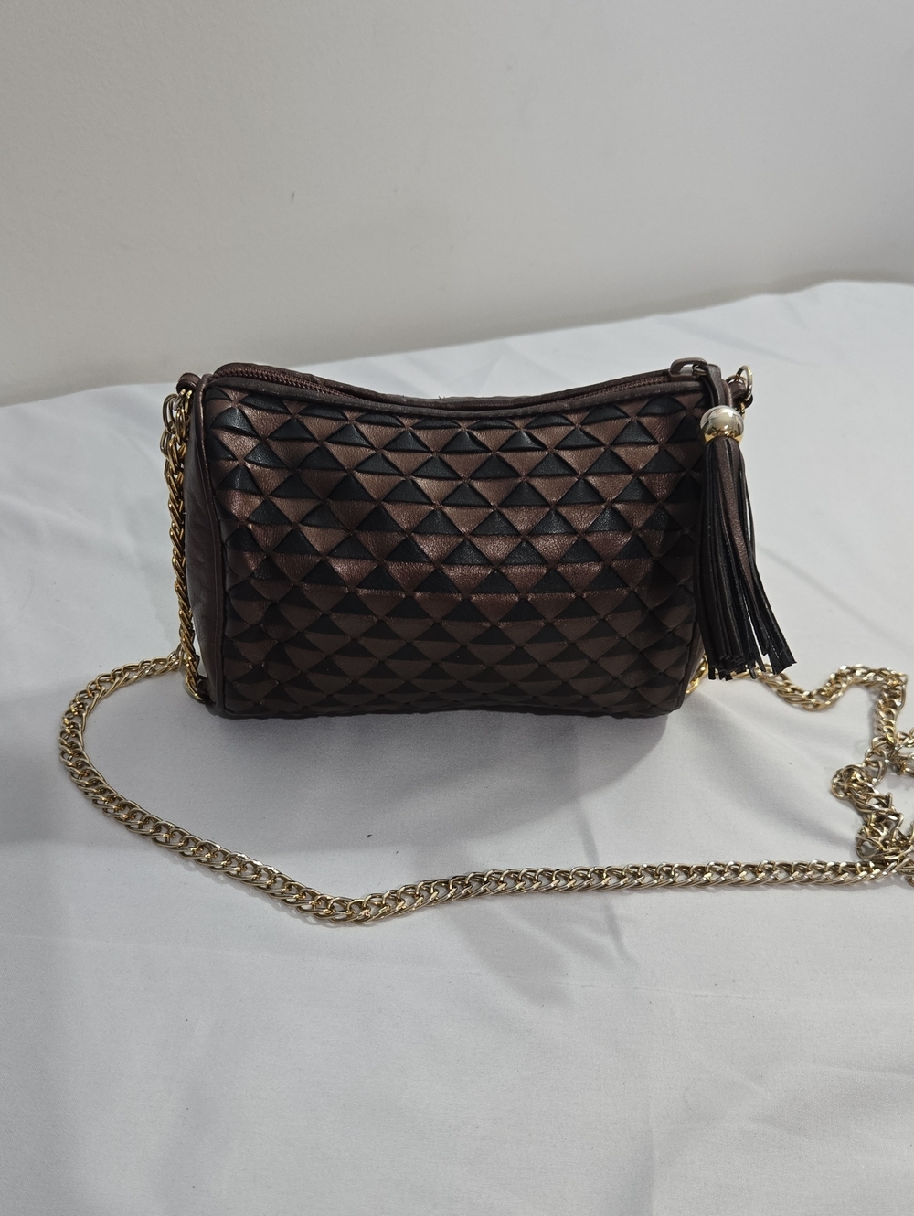 Quilted Brown Crossbody with Tassel and Gold Chain